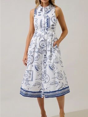 Sugarlips White Midi Cotton Dress with Navy Nautical Print